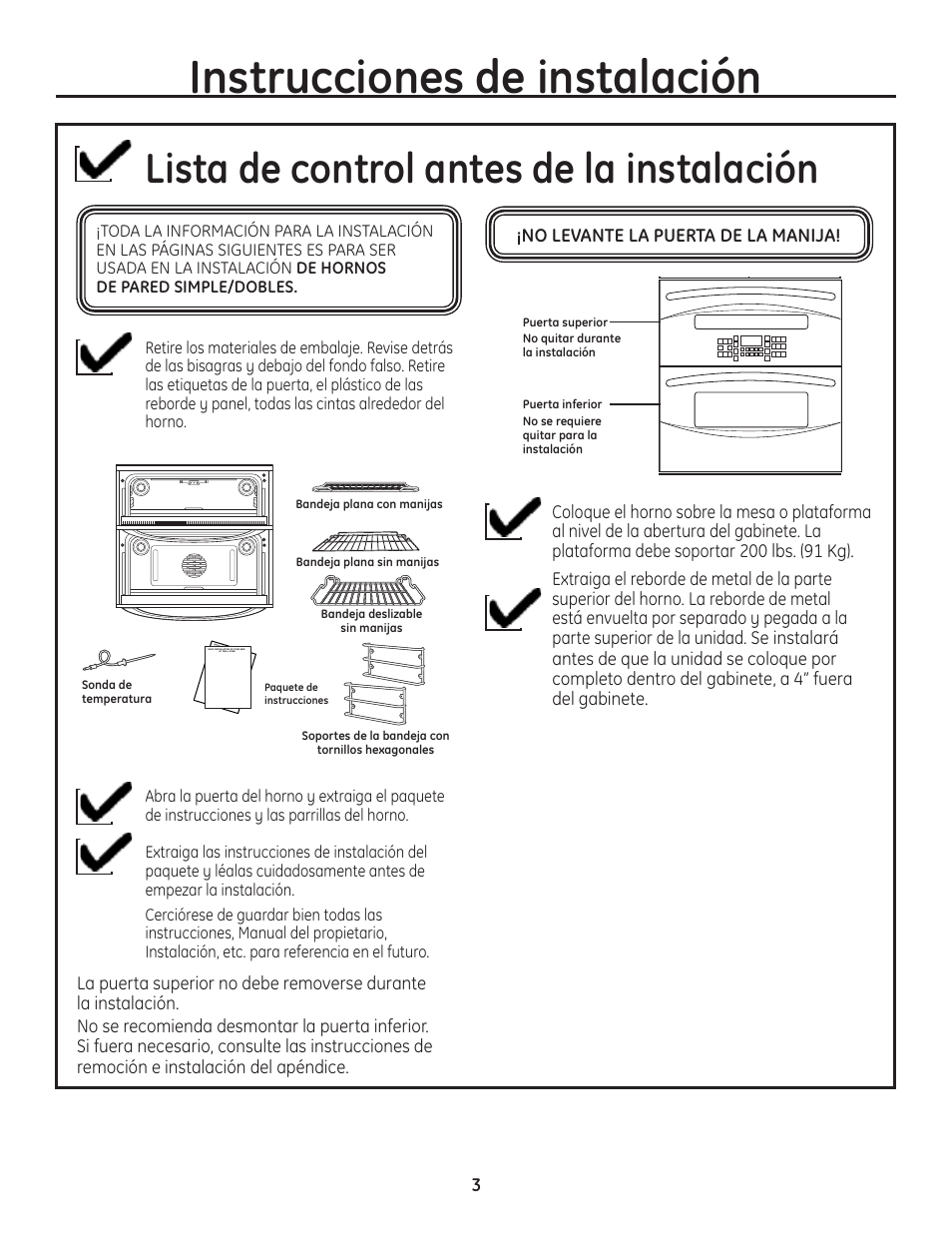 Instrucciones de instalación, Lista de control antes de la instalación | GE PT925DNBB User Manual | Page 17 / 28