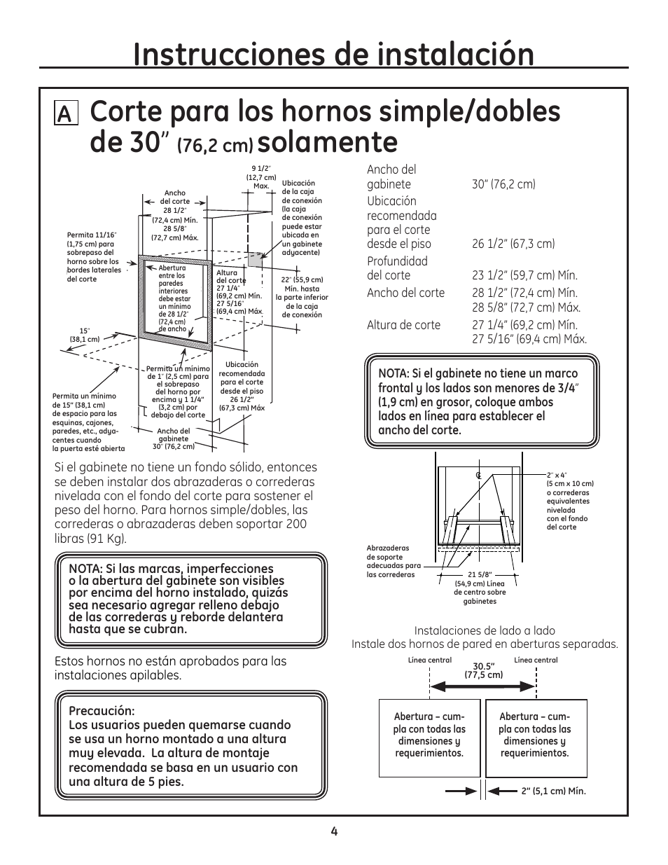 Instrucciones de instalación, Corte para los hornos simple/dobles de 30, Solamente | 76,2 cm) | GE PT925DNBB User Manual | Page 18 / 28