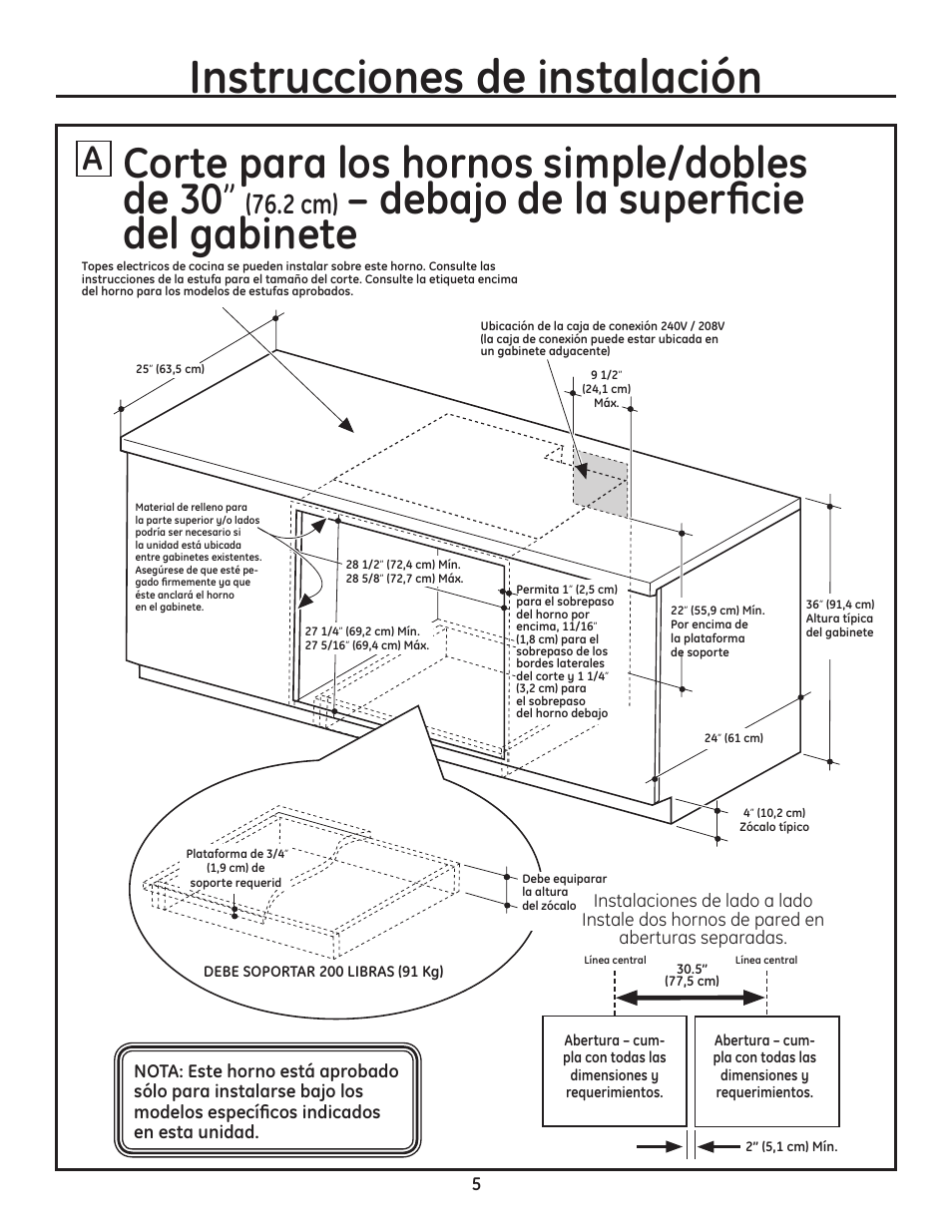 Instrucciones de instalación, Corte para los hornos simple/dobles de 30, Debajo de la superficie del gabinete | 2 cm) | GE PT925DNBB User Manual | Page 19 / 28
