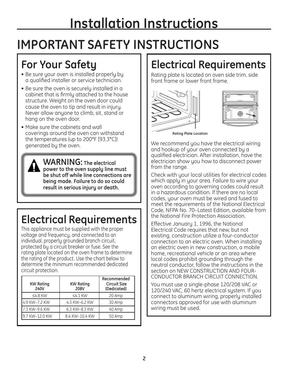 Installation instructions, Important safety instructions, Electrical requirements | For your safety, Warning | GE PT925DNBB User Manual | Page 2 / 28