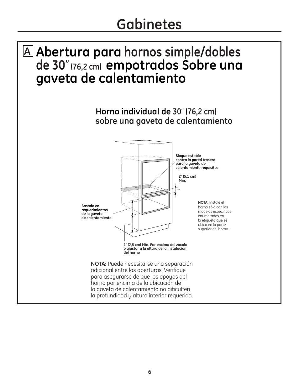 Gabinetes, Abertura para hornos simple/dobles de 30, Empotrados sobre una gaveta de calentamiento | 76,2 cm) | GE PT925DNBB User Manual | Page 20 / 28