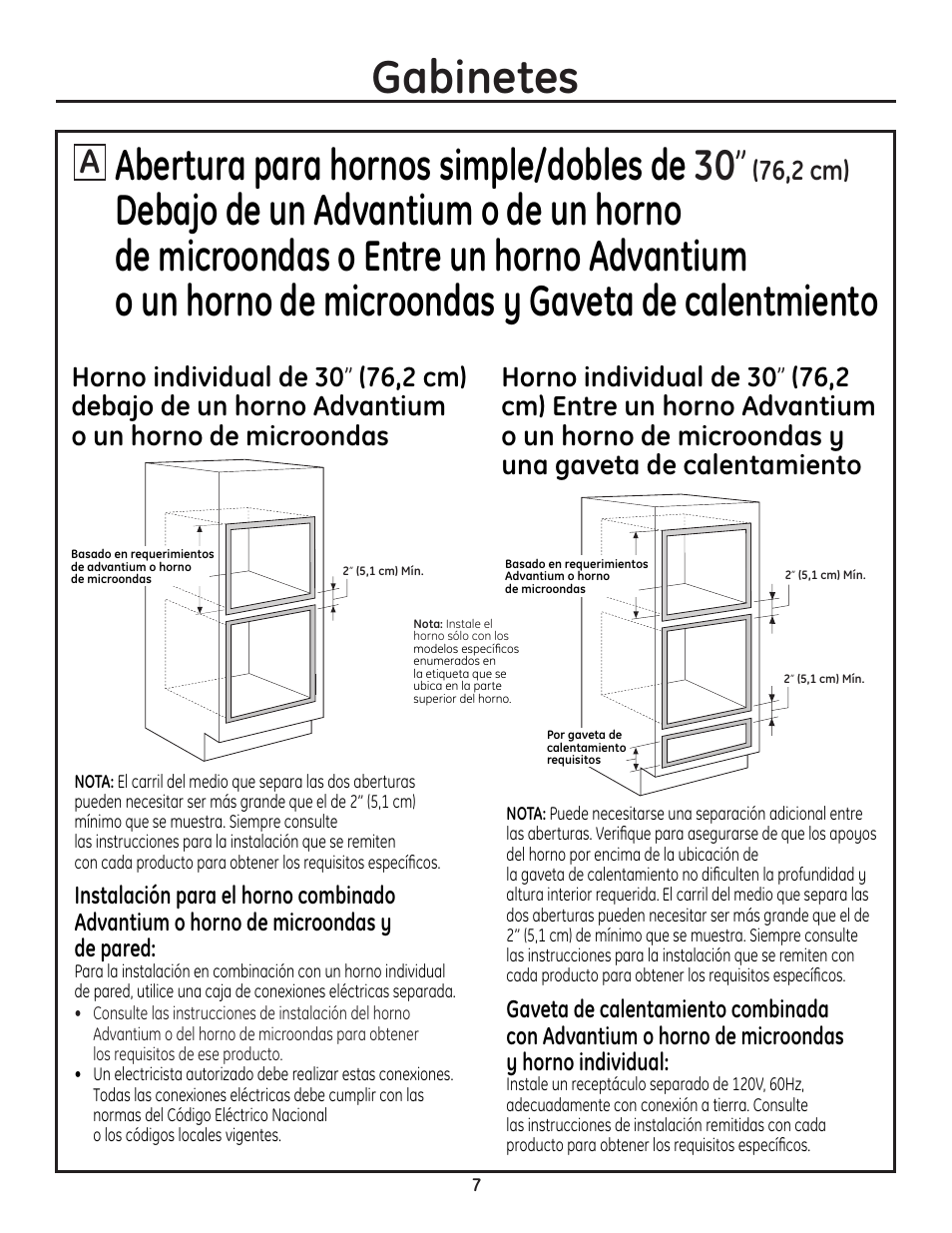 Gabinetes, Abertura para hornos simple/dobles de 30, 76,2 cm) | GE PT925DNBB User Manual | Page 21 / 28