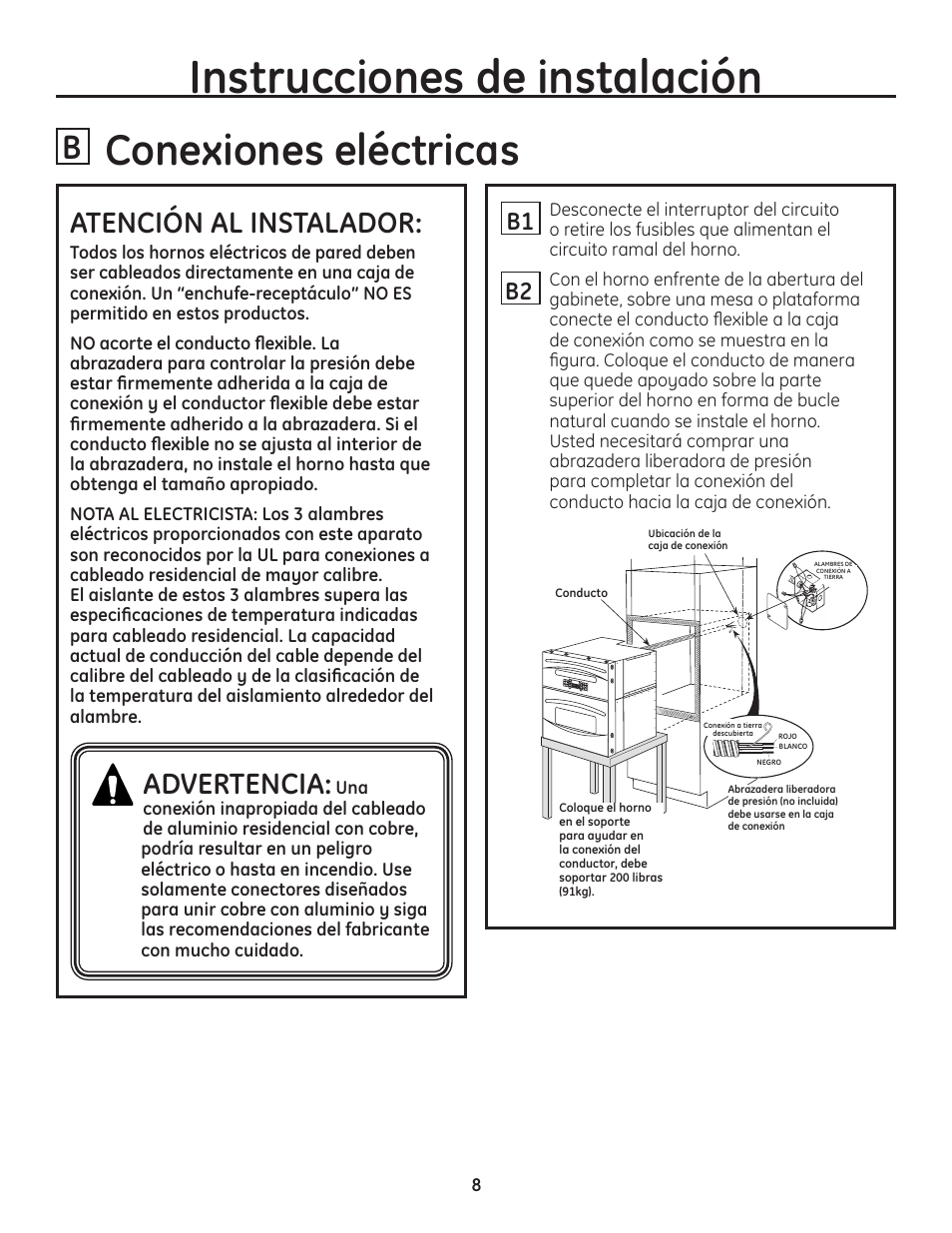 Instrucciones de instalación, Conexiones eléctricas, Atención al instalador | Advertencia, B2 b1 | GE PT925DNBB User Manual | Page 22 / 28