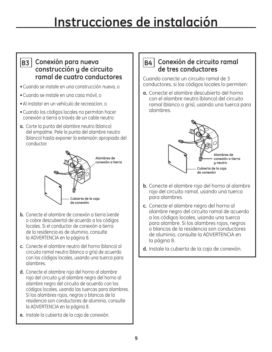 Instrucciones de instalación, B4 conexión de circuito ramal de tres conductores | GE PT925DNBB User Manual | Page 23 / 28