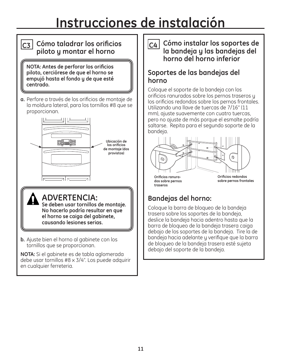 Instrucciones de instalación, Advertencia, Bandejas del horno | GE PT925DNBB User Manual | Page 25 / 28