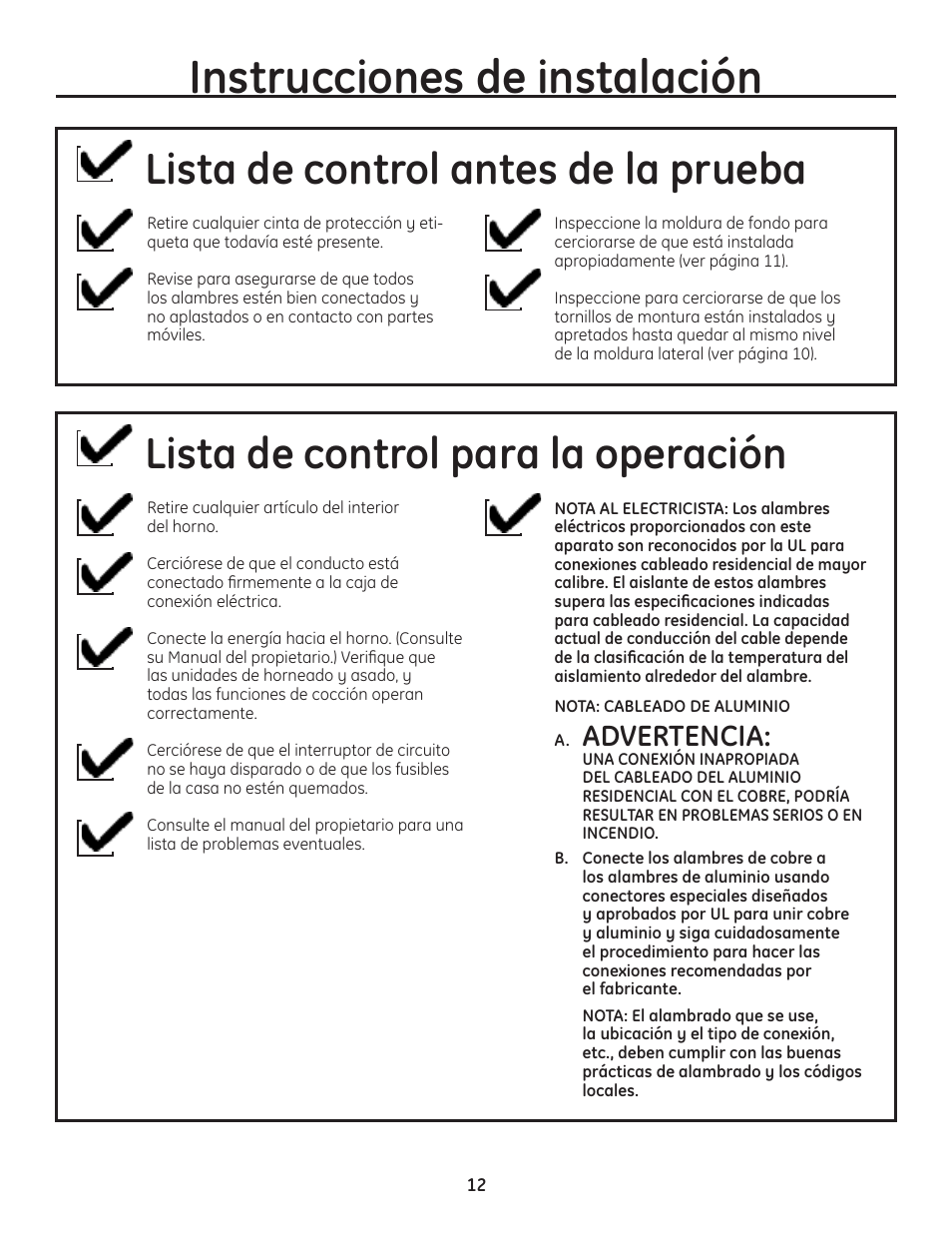 Instrucciones de instalación, Lista de control antes de la prueba, Lista de control para la operación | Advertencia | GE PT925DNBB User Manual | Page 26 / 28