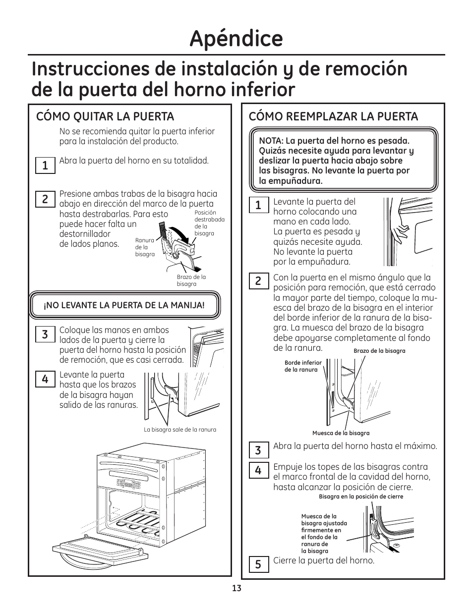 Apéndice, Cómo quitar la puerta cómo reemplazar la puerta | GE PT925DNBB User Manual | Page 27 / 28