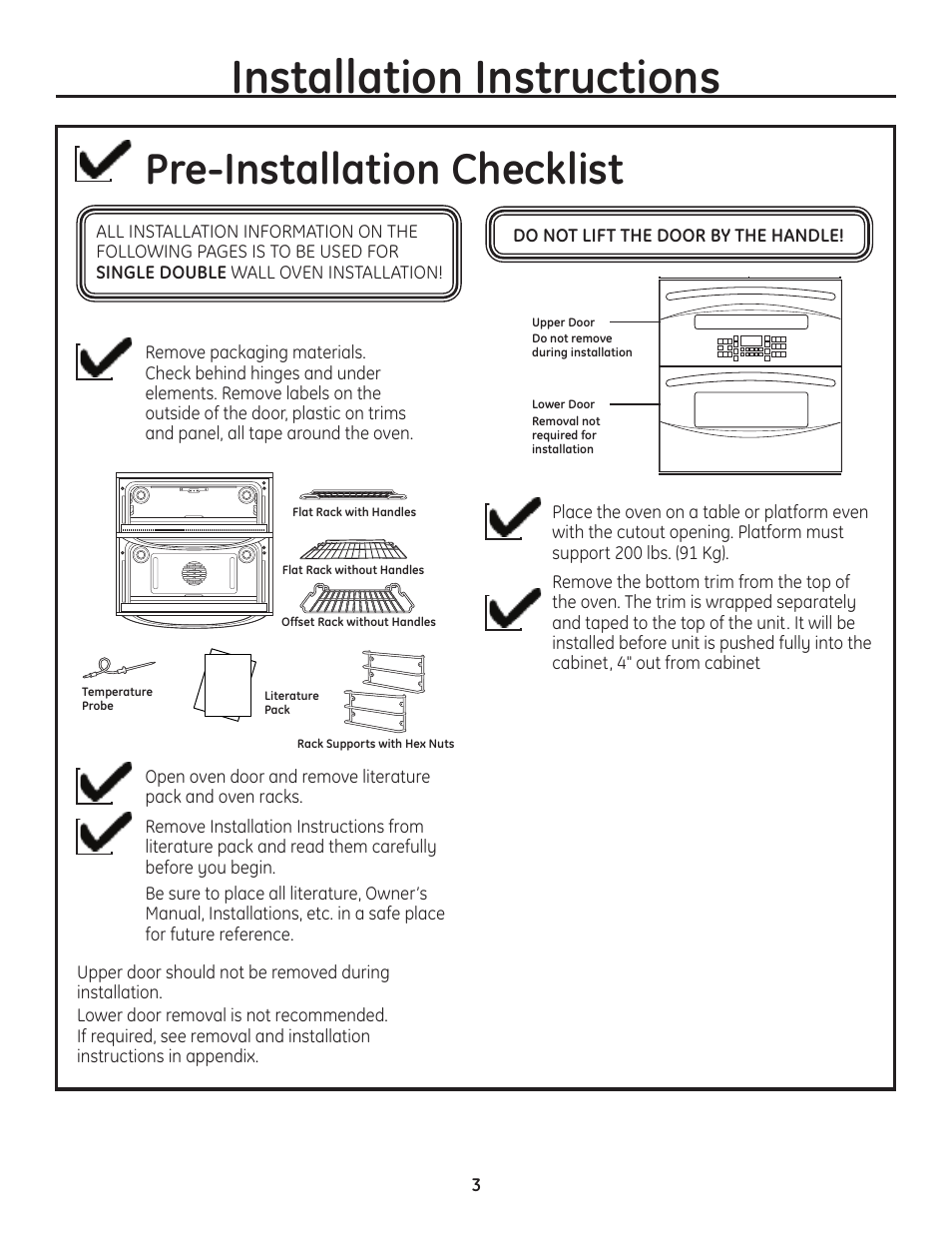 Installation instructions, Pre-installation checklist | GE PT925DNBB User Manual | Page 3 / 28