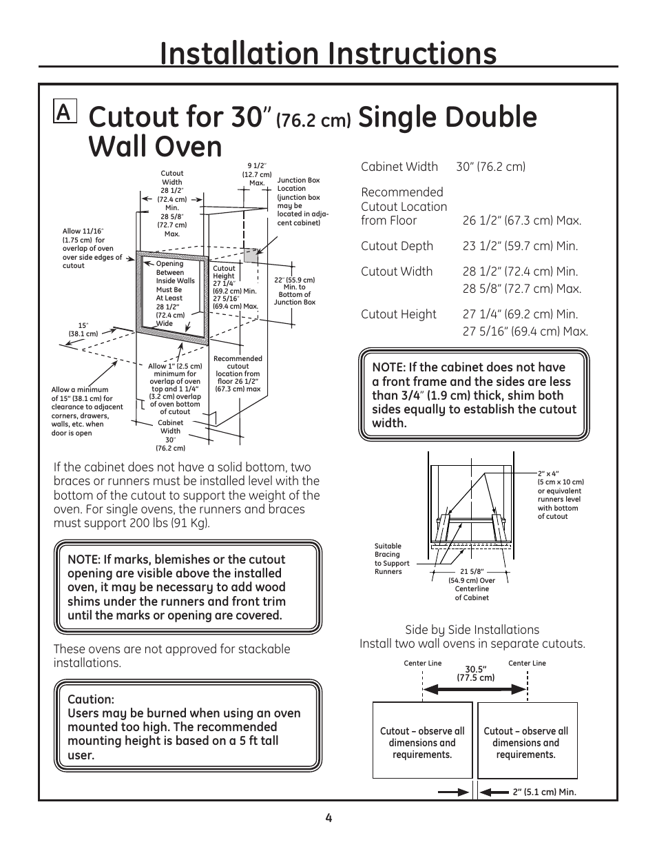 Installation instructions, Cutout for 30, Single double wall oven | 2 cm) | GE PT925DNBB User Manual | Page 4 / 28