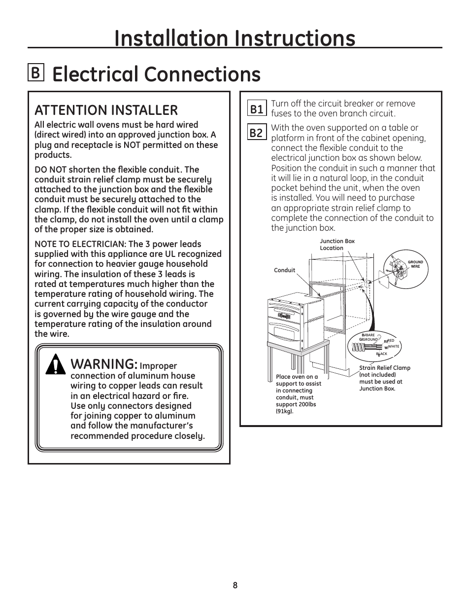 Installation instructions, Electrical connections, Attention installer | Warning, B2 b1 | GE PT925DNBB User Manual | Page 8 / 28