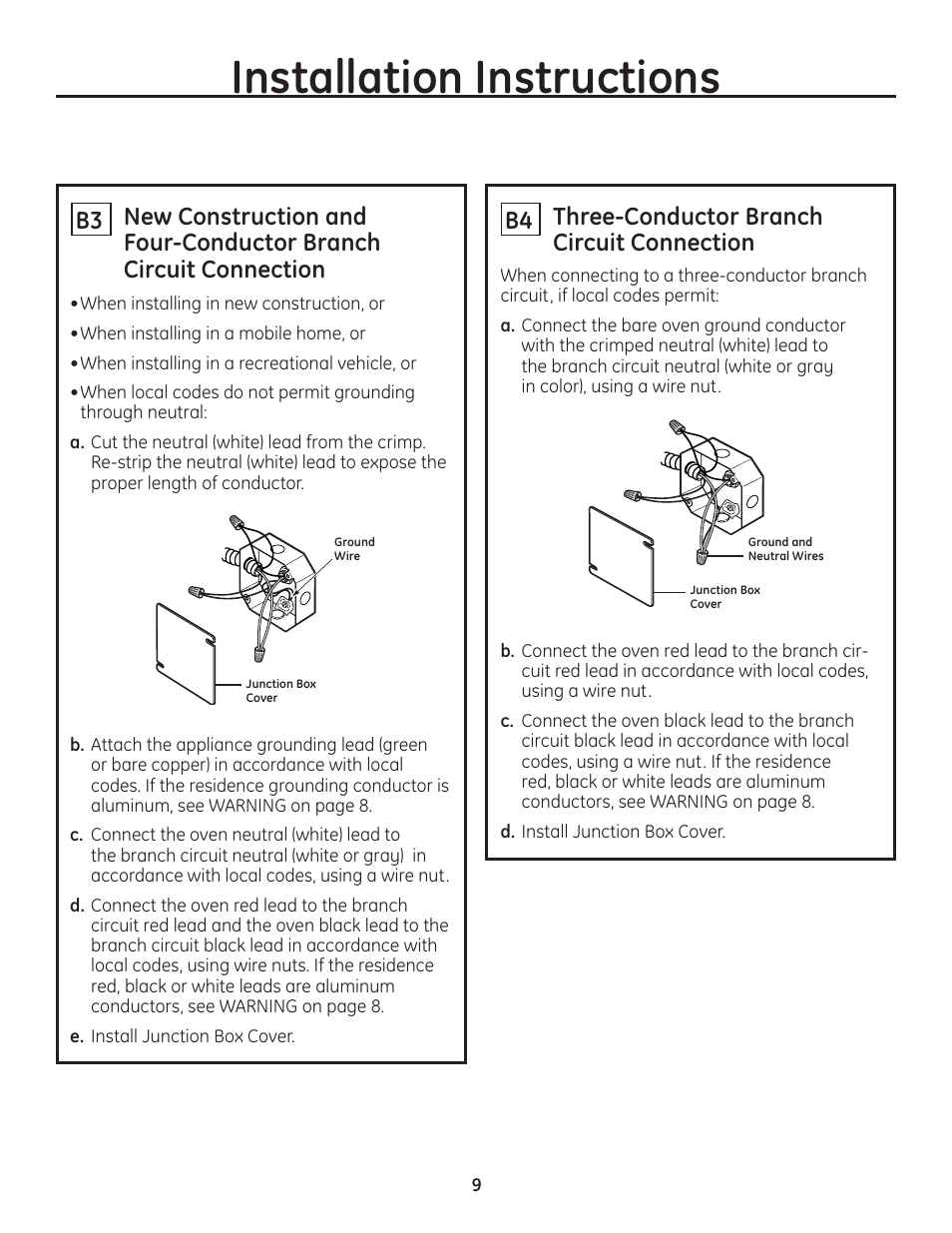 Installation instructions, B4 three-conductor branch circuit connection | GE PT925DNBB User Manual | Page 9 / 28