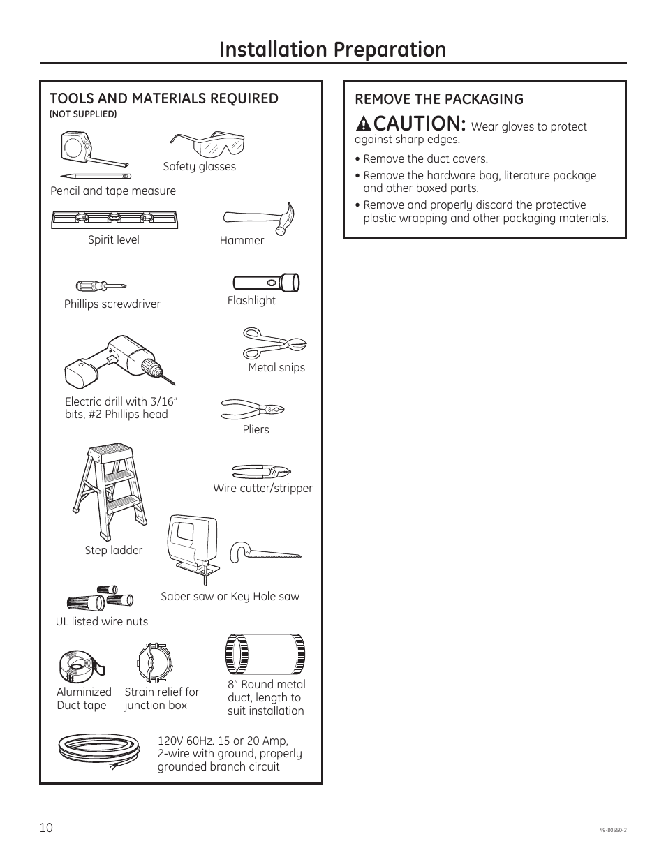 Installation preparation, Caution | GE PV977NSS User Manual | Page 10 / 60