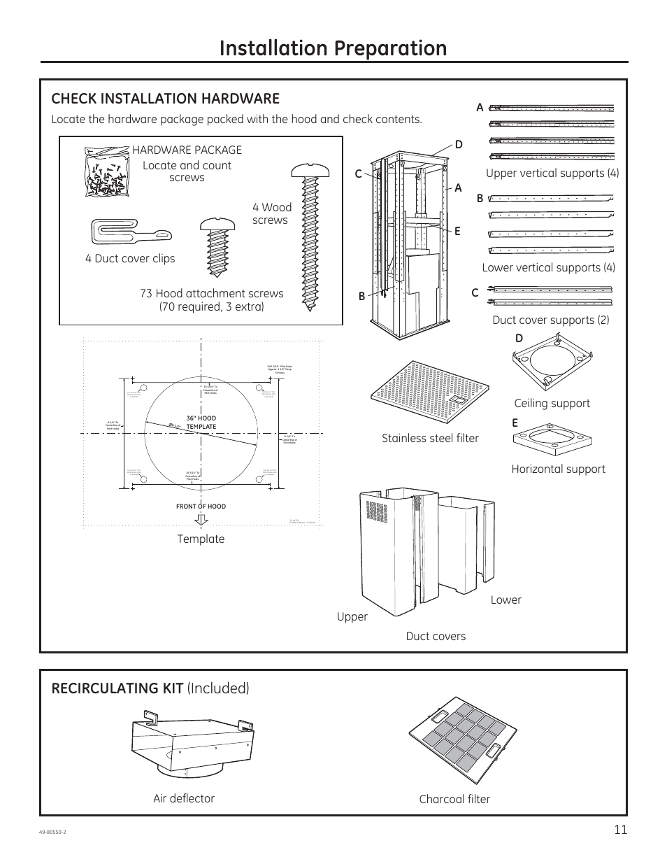 Installation preparation, Check installation hardware, Recirculating kit (included) | Air deflector | GE PV977NSS User Manual | Page 11 / 60