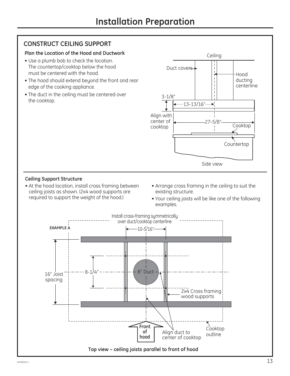Installation preparation, Construct ceiling support | GE PV977NSS User Manual | Page 13 / 60
