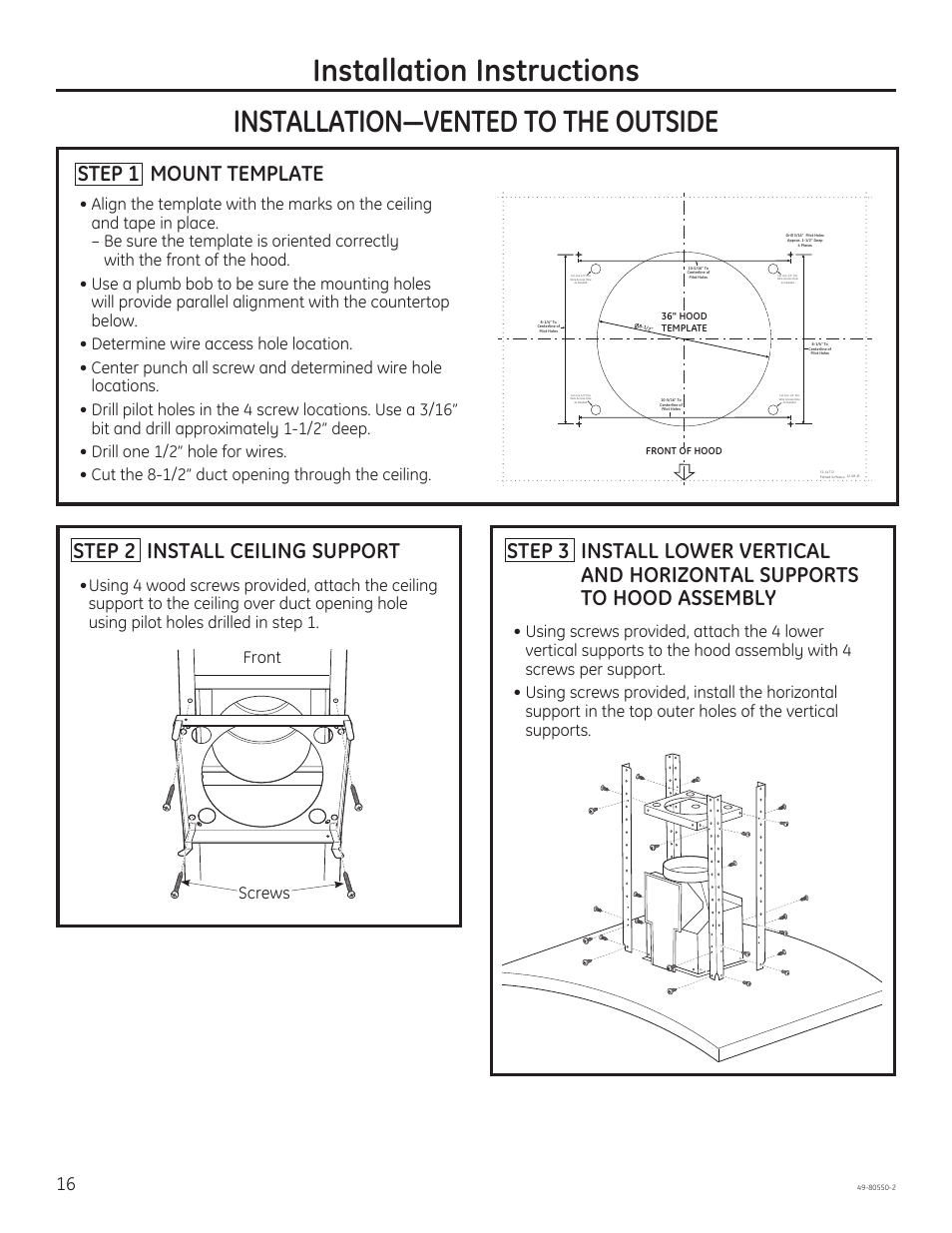 Step 1 mount template, Step 2 install ceiling support, Screws front | GE PV977NSS User Manual | Page 16 / 60