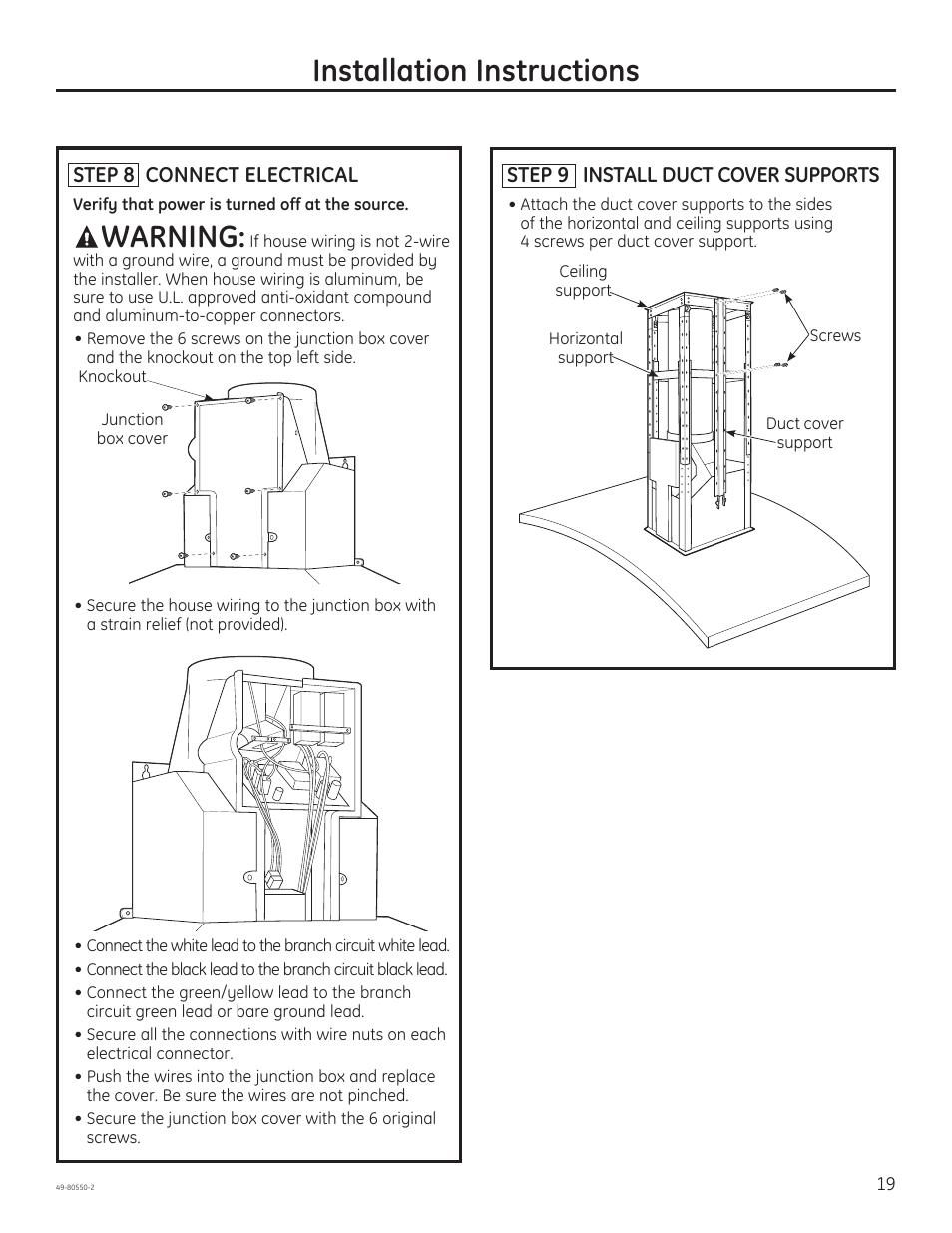 Installation instructions, Warning | GE PV977NSS User Manual | Page 19 / 60