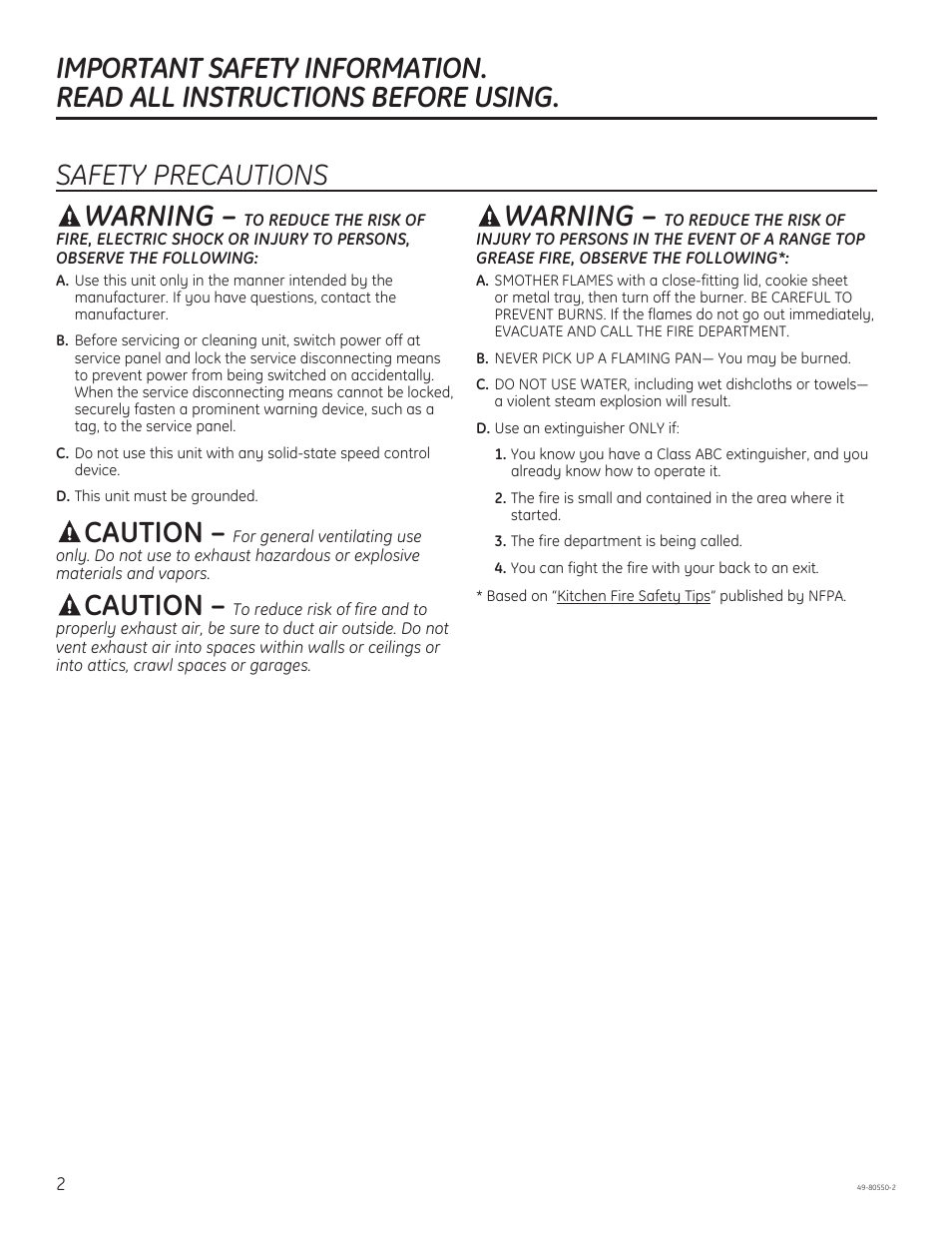 Caution, Warning | GE PV977NSS User Manual | Page 2 / 60