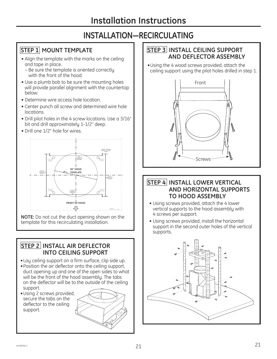 Step 1 mount template, Step 2 install air deflector into ceiling support | GE PV977NSS User Manual | Page 21 / 60