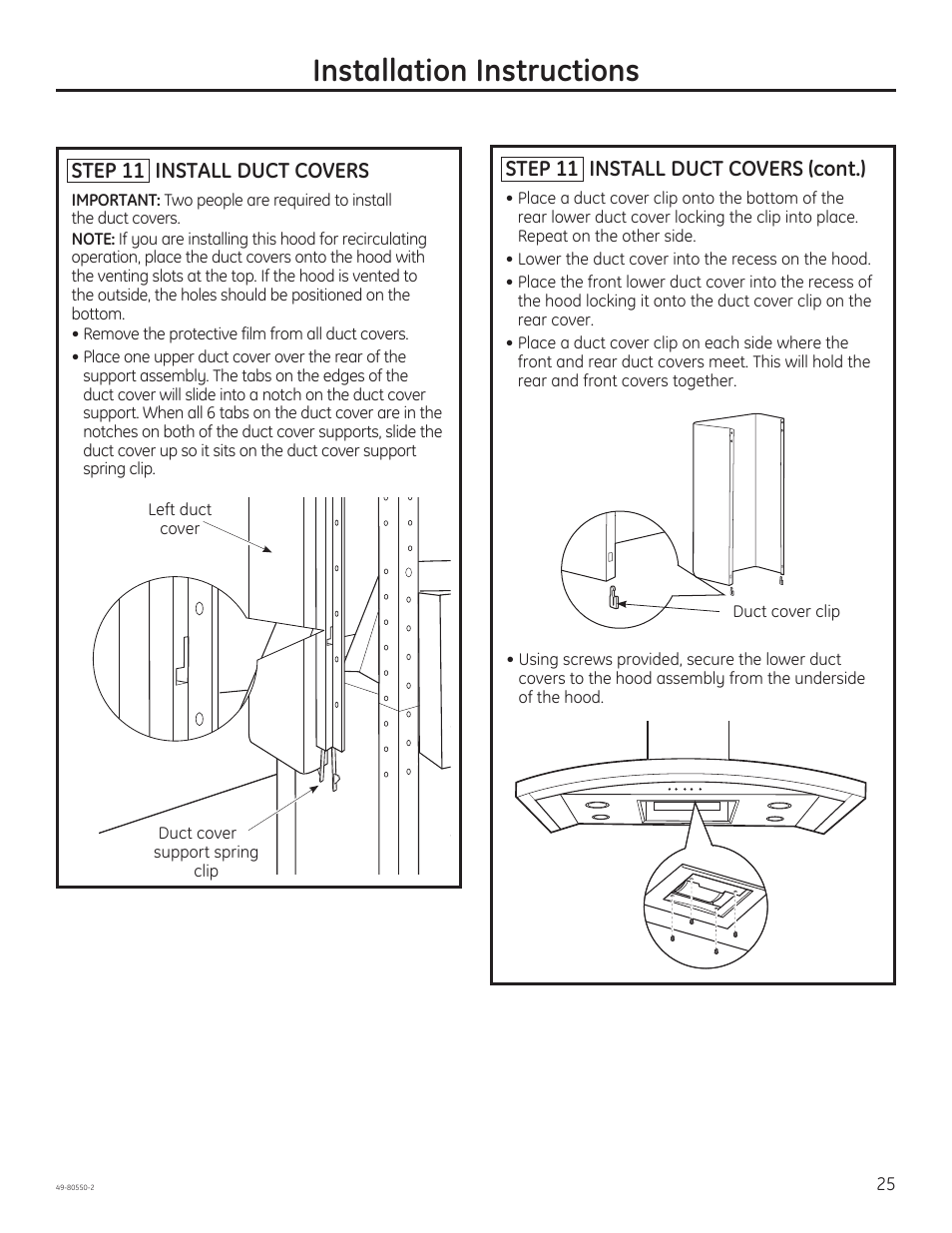 Installation instructions, Step 11 install duct covers, Step 11 install duct covers (cont.) | GE PV977NSS User Manual | Page 25 / 60