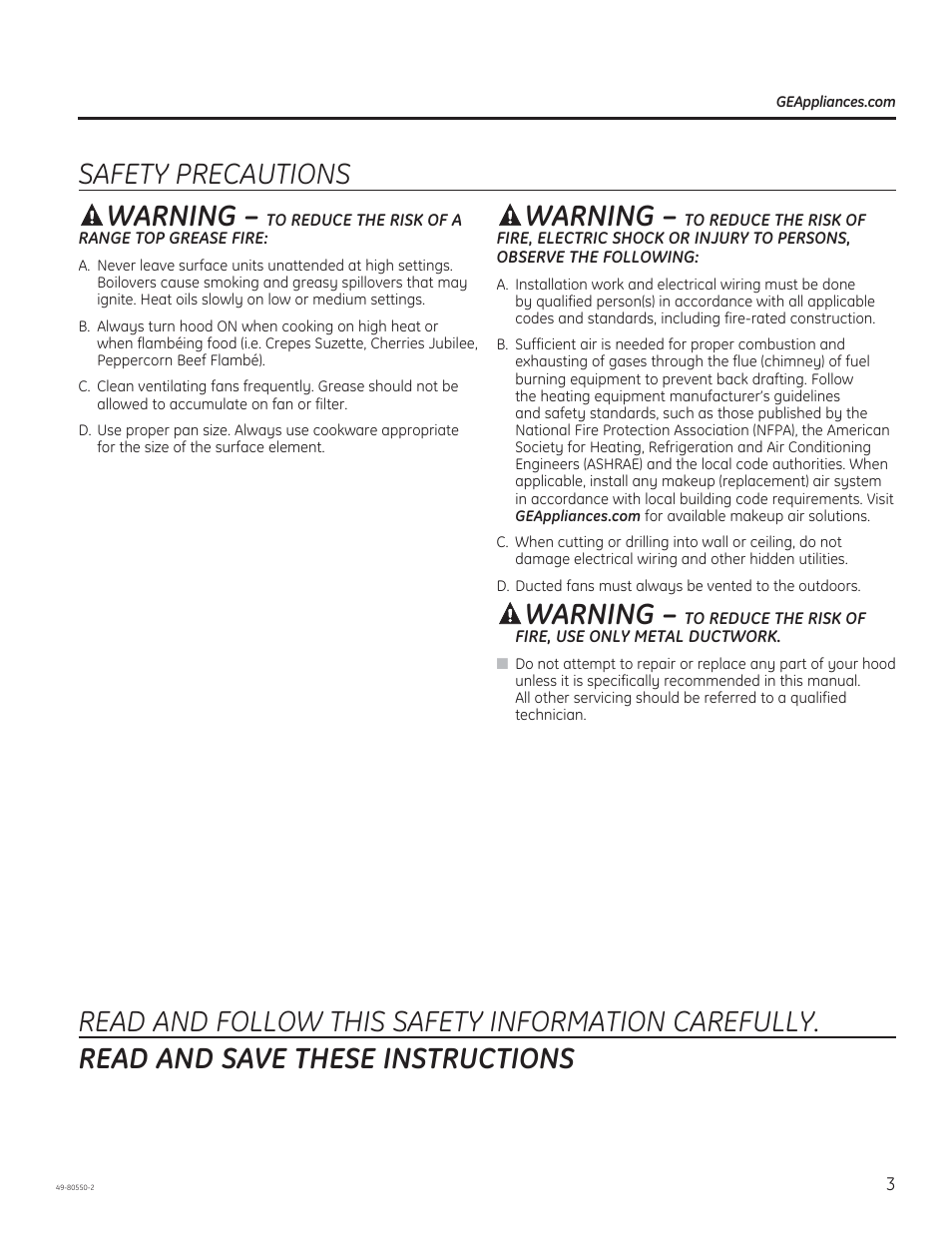 Safety precautions, Warning | GE PV977NSS User Manual | Page 3 / 60
