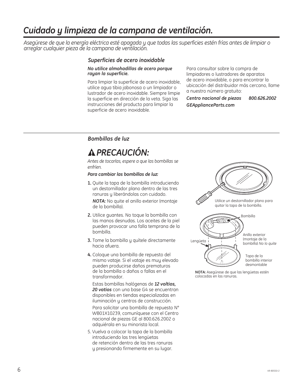 Cuidado y limpieza de la campana de ventilación, Precaución | GE PV977NSS User Manual | Page 36 / 60