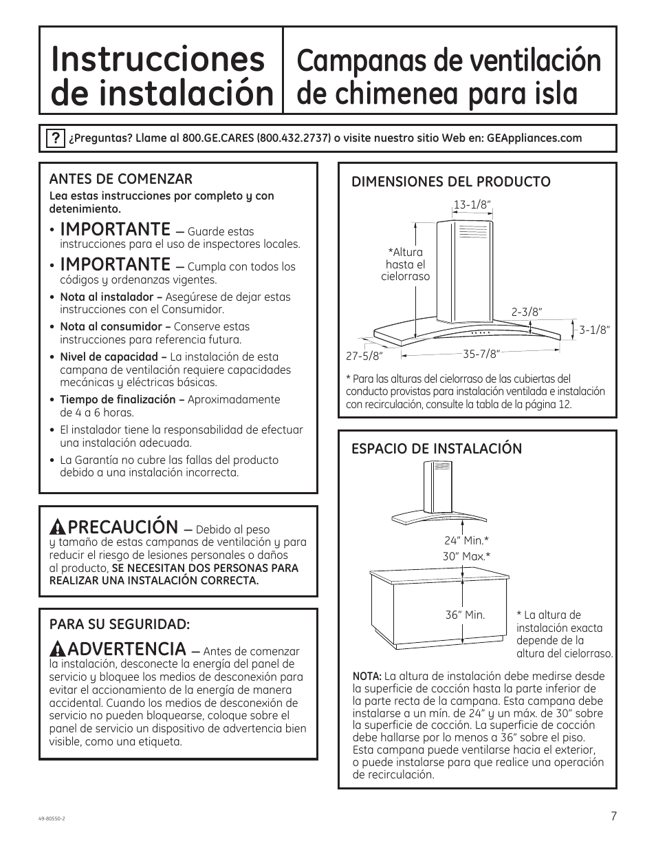 Instrucciones, De instalación, Campanas de ventilación | De chimenea, Para isla, Importante, Advertencia, Precaución | GE PV977NSS User Manual | Page 37 / 60