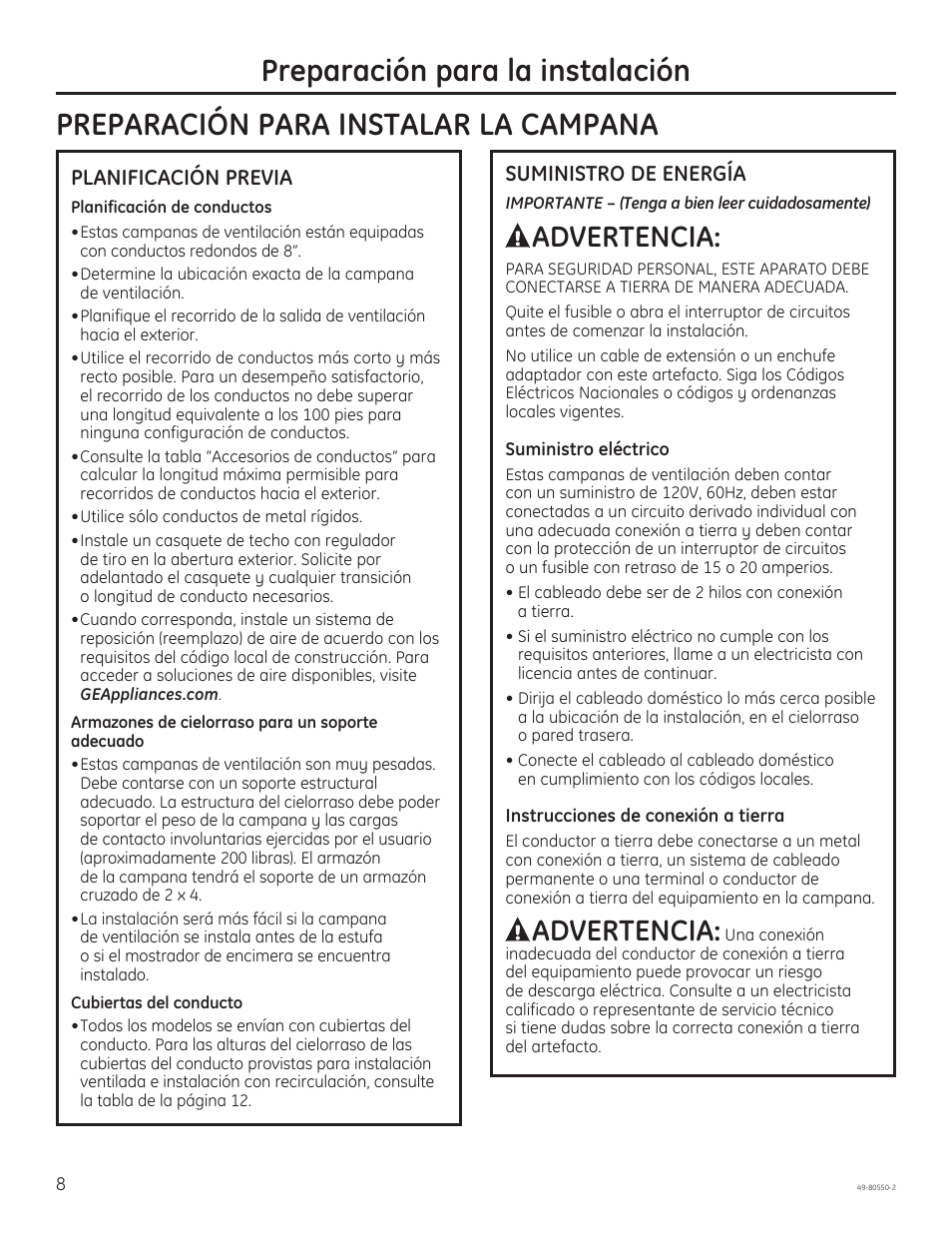 Preparación para la instalación, Preparación para instalar la campana, Advertencia | GE PV977NSS User Manual | Page 38 / 60