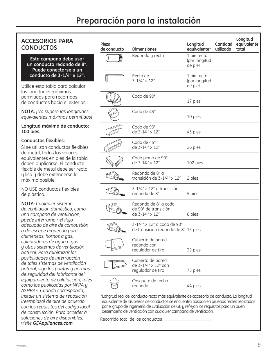 Preparación para la instalación, Accesorios para conductos | GE PV977NSS User Manual | Page 39 / 60