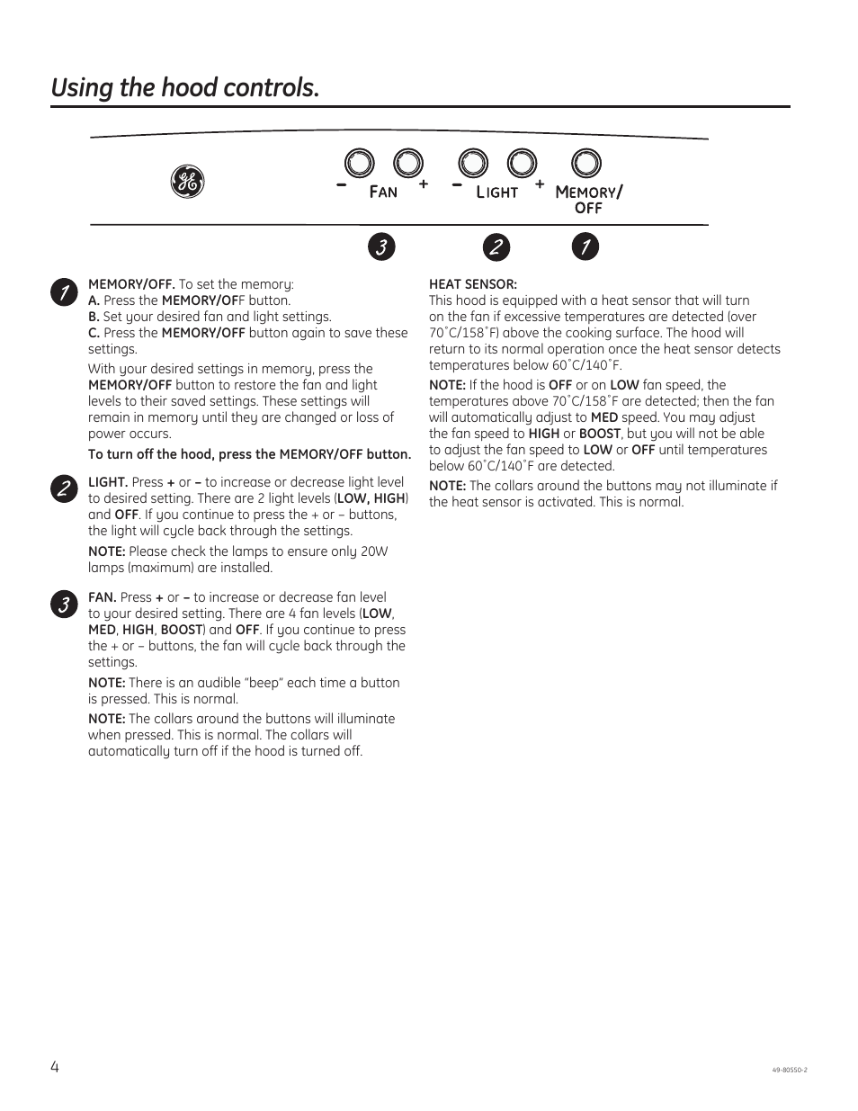 Using the hood controls | GE PV977NSS User Manual | Page 4 / 60