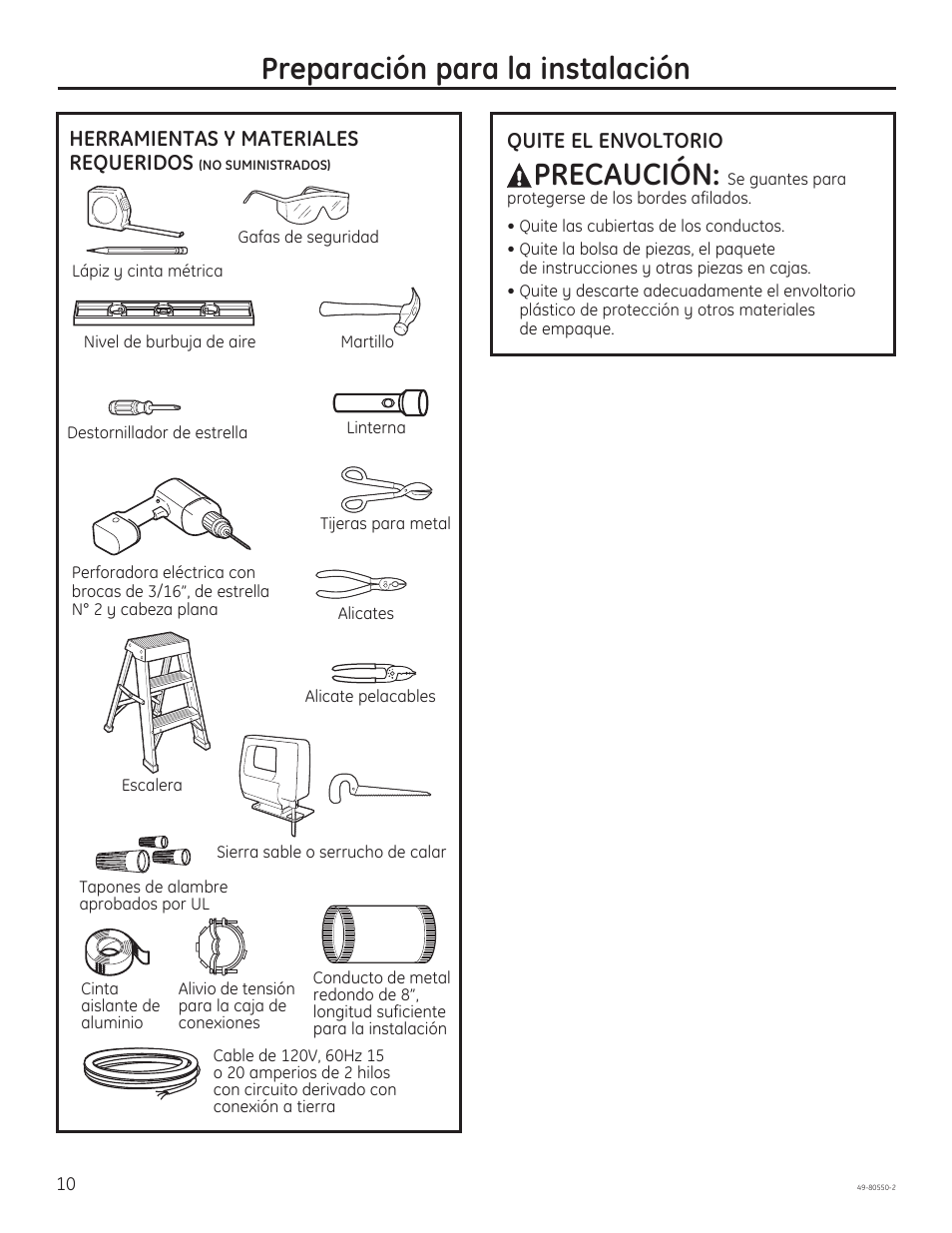 Preparación para la instalación, Precaución | GE PV977NSS User Manual | Page 40 / 60
