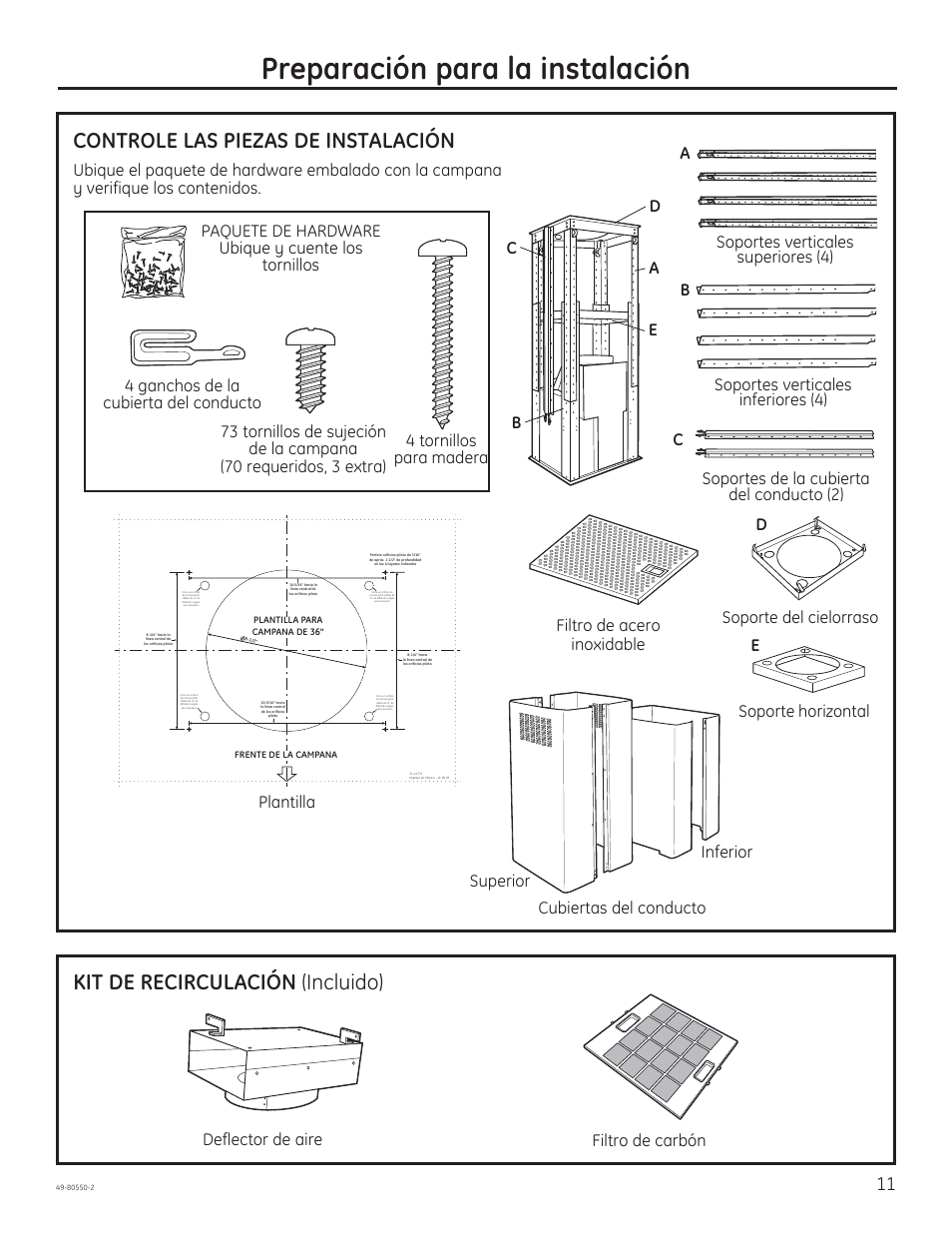 Preparación para la instalación, Controle las piezas de instalación, Kit de recirculación (incluido) | Deflector de aire | GE PV977NSS User Manual | Page 41 / 60