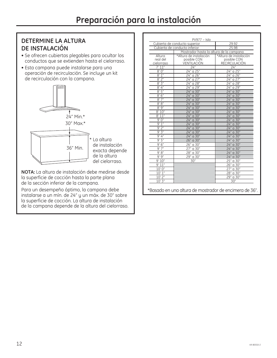 Preparación para la instalación, Determine la altura de instalación | GE PV977NSS User Manual | Page 42 / 60