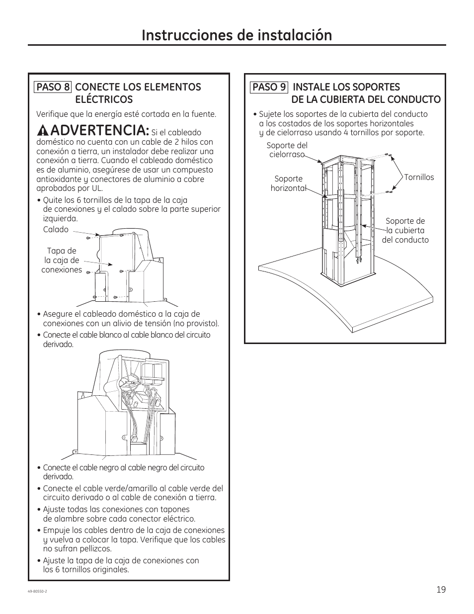 Instrucciones de instalación, Advertencia | GE PV977NSS User Manual | Page 49 / 60