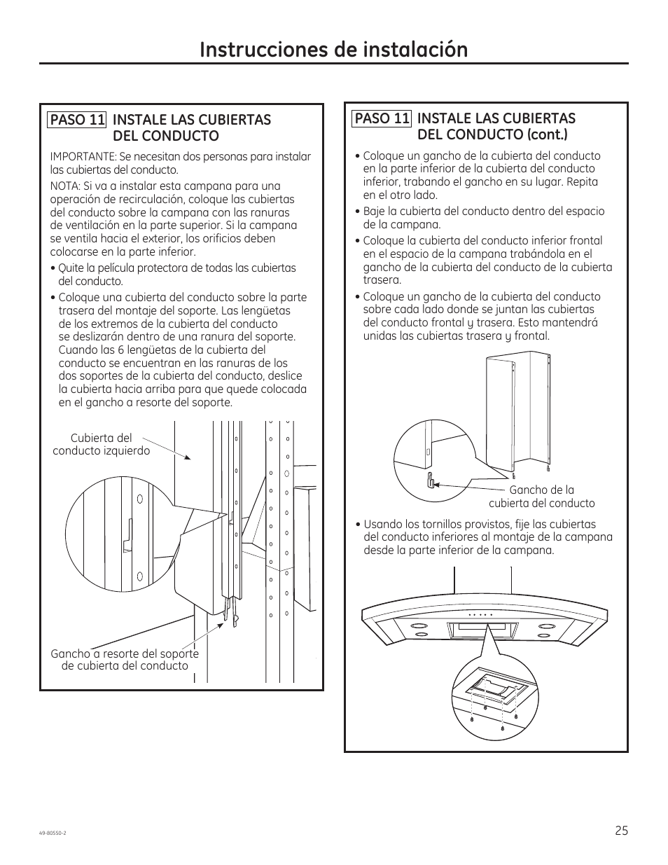 Instrucciones de instalación, Paso 11 instale las cubiertas del conducto, Paso 11 instale las cubiertas del conducto (cont.) | GE PV977NSS User Manual | Page 55 / 60