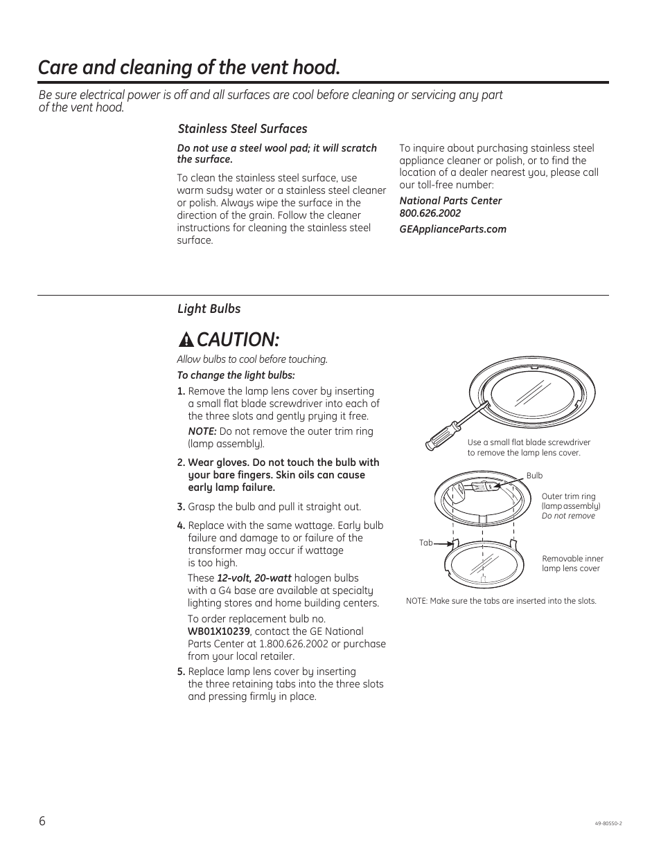 Care and cleaning of the vent hood, Caution | GE PV977NSS User Manual | Page 6 / 60