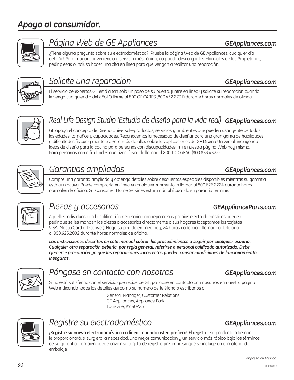 Apoyo al consumidor. página web de ge appliances, Solicite una reparación, Garantías ampliadas | Piezas y accesorios, Póngase en contacto con nosotros, Registre su electrodoméstico | GE PV977NSS User Manual | Page 60 / 60