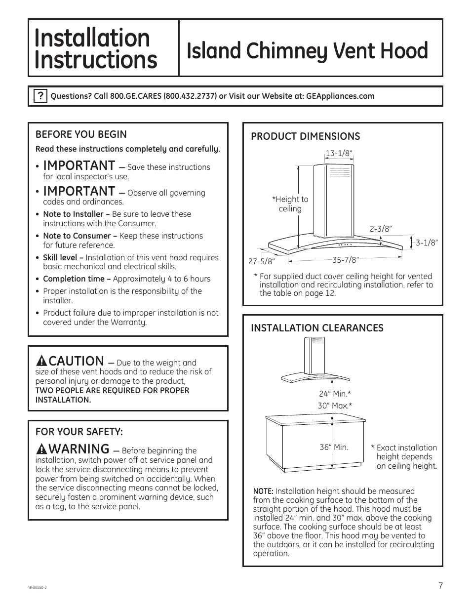 Installation, Instructions, Island chimney vent hood | Important, Warning, Caution | GE PV977NSS User Manual | Page 7 / 60