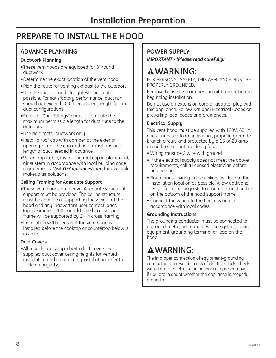 Installation preparation, Warning, Prepare to install the hood | GE PV977NSS User Manual | Page 8 / 60