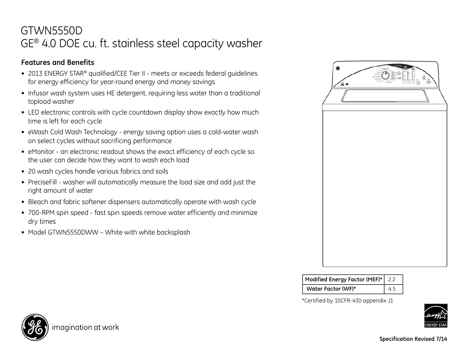 Gtwn5550d ge, 0 doe cu. ft. stainless steel capacity washer | GE GTWN5550DWW User Manual | Page 2 / 2