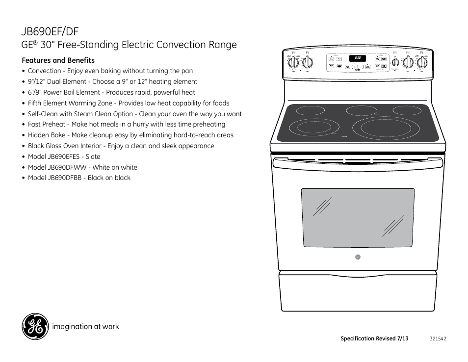 Jb690ef/df, 30" free-standing electric convection range | GE JB690EFES User Manual | Page 2 / 2