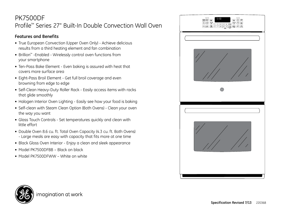 Pk7500df, Pk7500dfww/bb, Profile | Series 27" built-in double convection wall oven | GE PK7500DFWW User Manual | Page 2 / 2