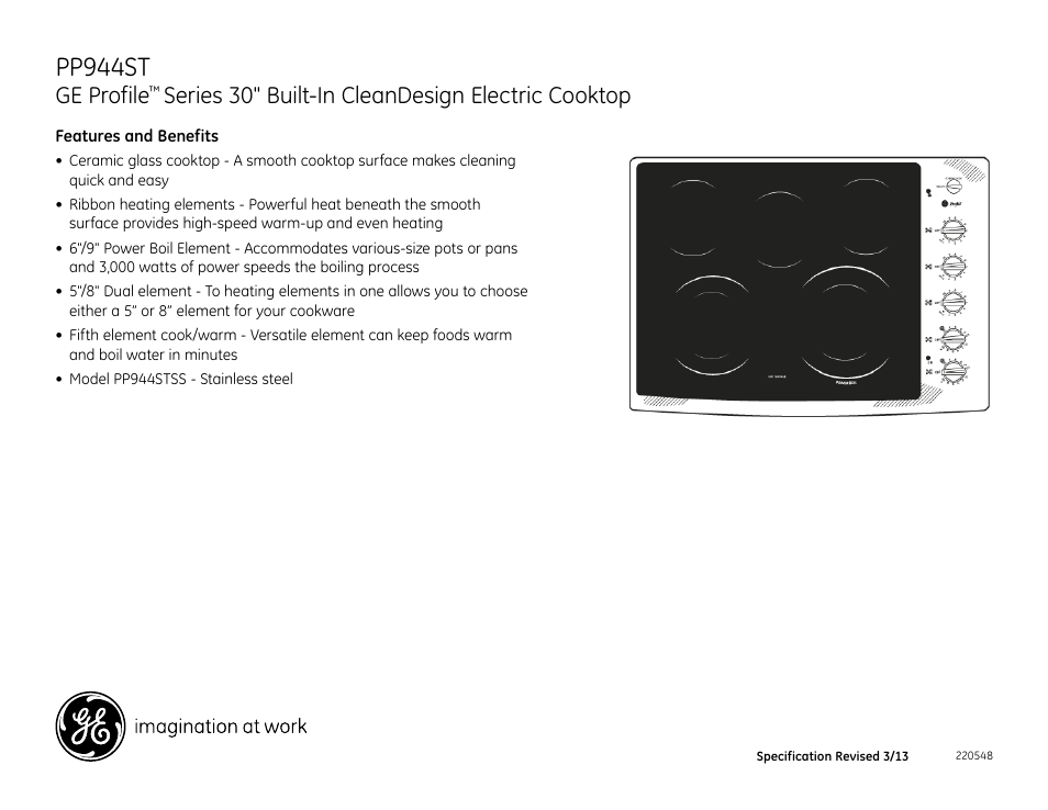 Pp944st, Ge profile, Series 30" built-in cleandesign electric cooktop | GE PP944STSS User Manual | Page 2 / 2