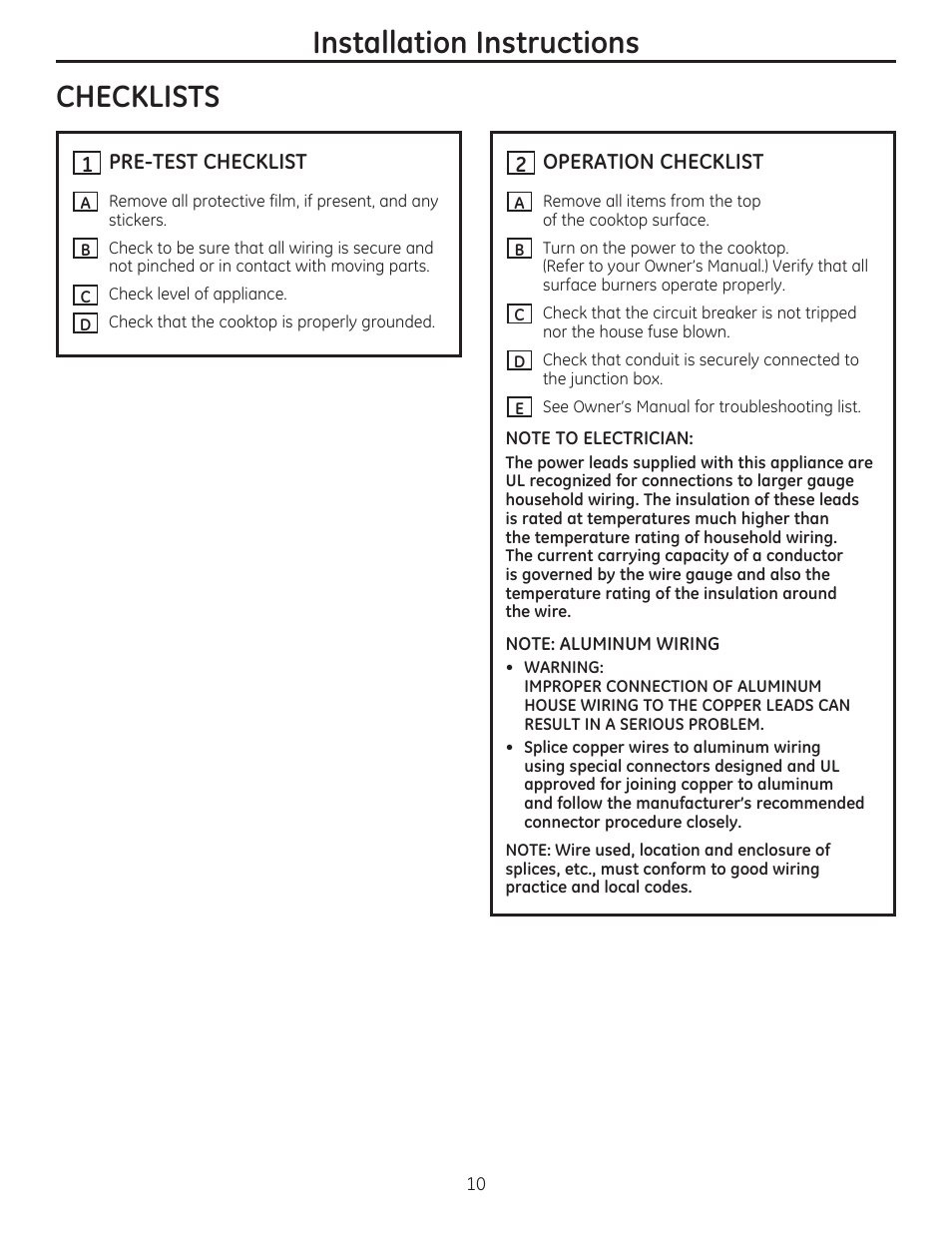 Checklists, It] pre-test checklist, Iti operation checklist | Installation instructions | GE PHP900SMSS User Manual | Page 10 / 32