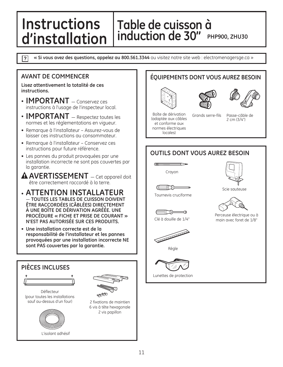 Instructions, D'installation, Table de cuisson à | Induction de 30