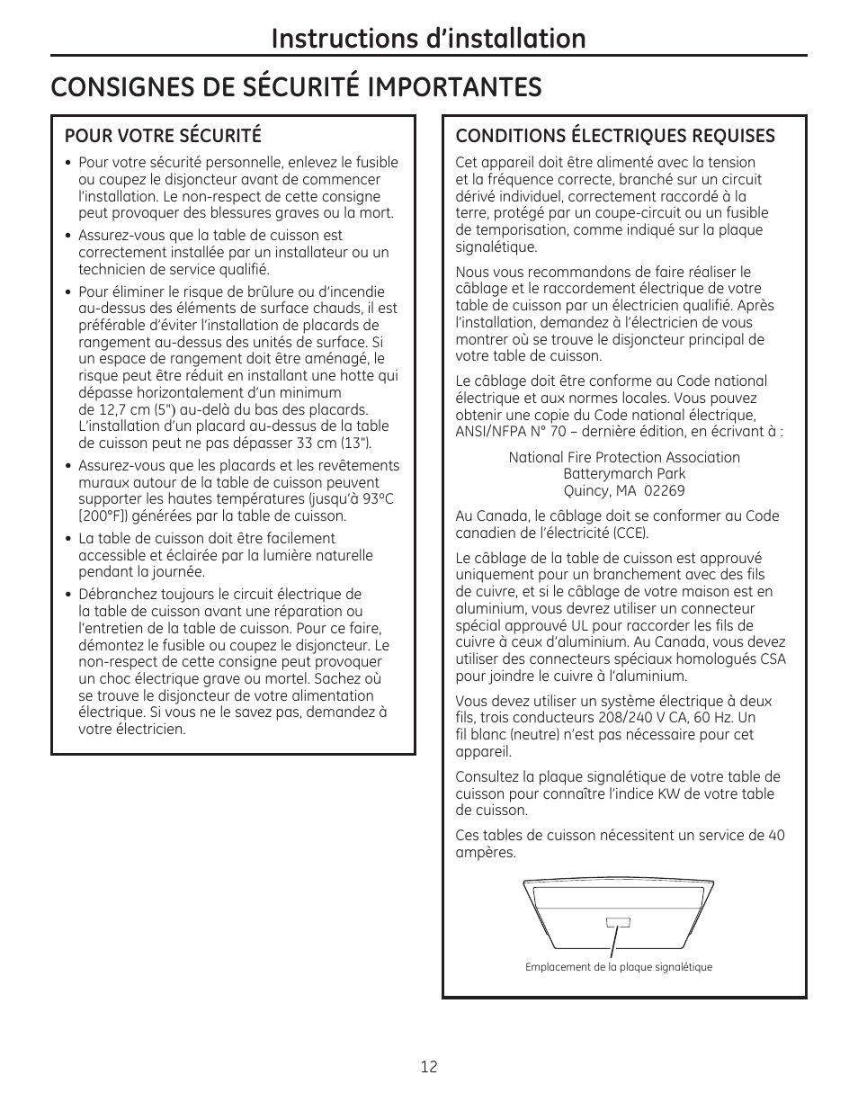 Consignes de securite importantes, Pour votre securite, Conditions electriques requises | Instructions d'installation | GE PHP900SMSS User Manual | Page 12 / 32