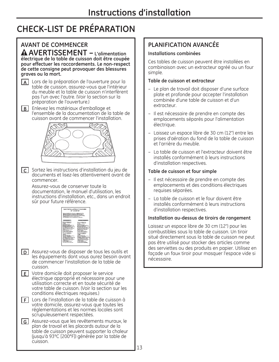Check-list de preparation, Planification avancee, Instructions d'installation | A avertissement | GE PHP900SMSS User Manual | Page 13 / 32