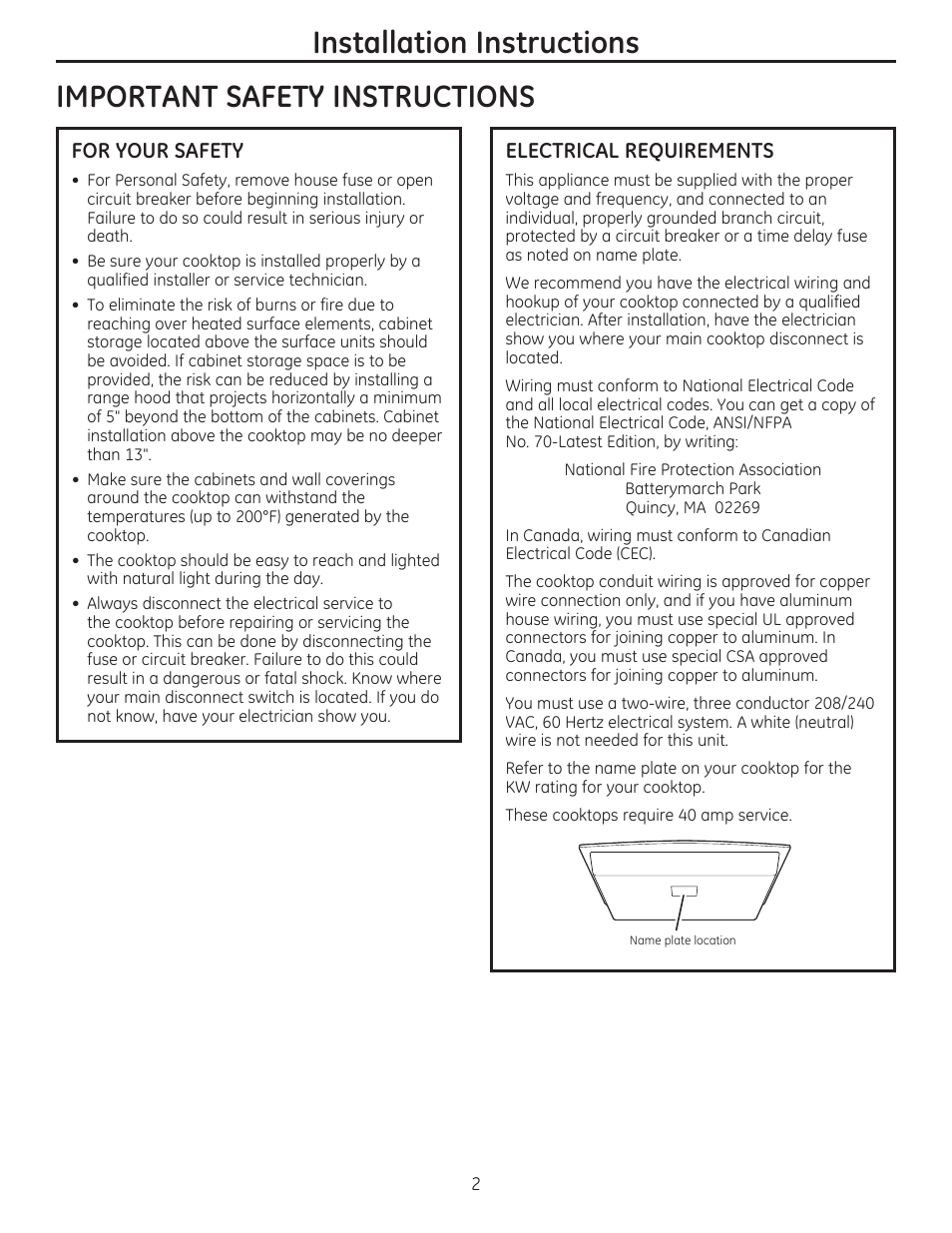 Important safety instructions, For your safety, Electrical requirements | Installation instructions | GE PHP900SMSS User Manual | Page 2 / 32