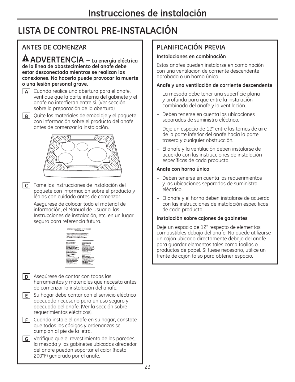 Lista de control pre-instalacion, Antes de comenzar, Planificacion previa | Instrucciones de instalación | GE PHP900SMSS User Manual | Page 23 / 32