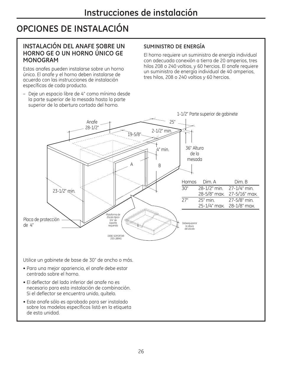 Opciones de instalacion, Instrucciones de instalación | GE PHP900SMSS User Manual | Page 26 / 32