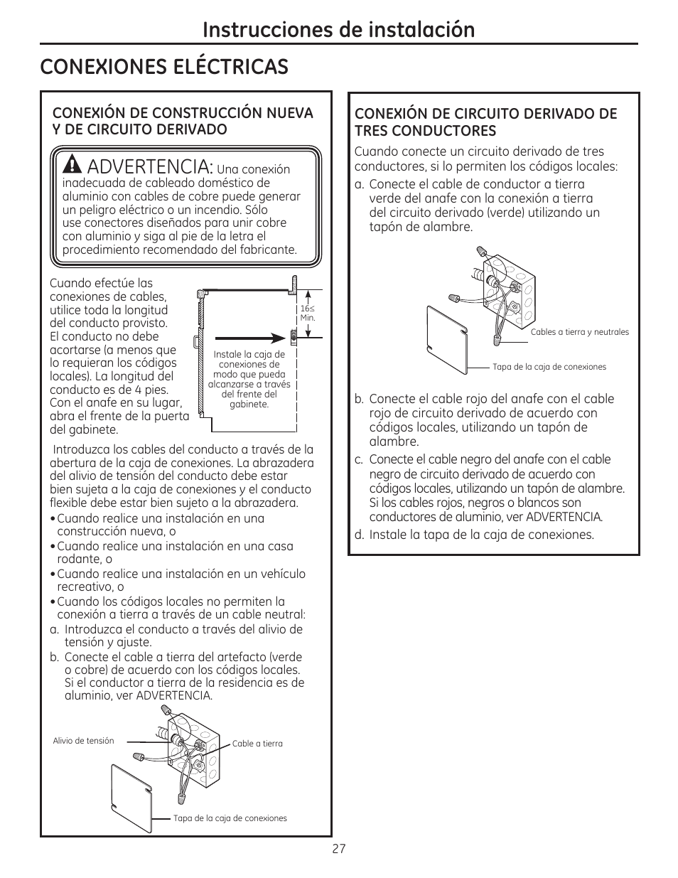 Conexiones electricas, Conexion de circuito derivado de tres conductores, Instrucciones de instalación | A advertencia | GE PHP900SMSS User Manual | Page 27 / 32